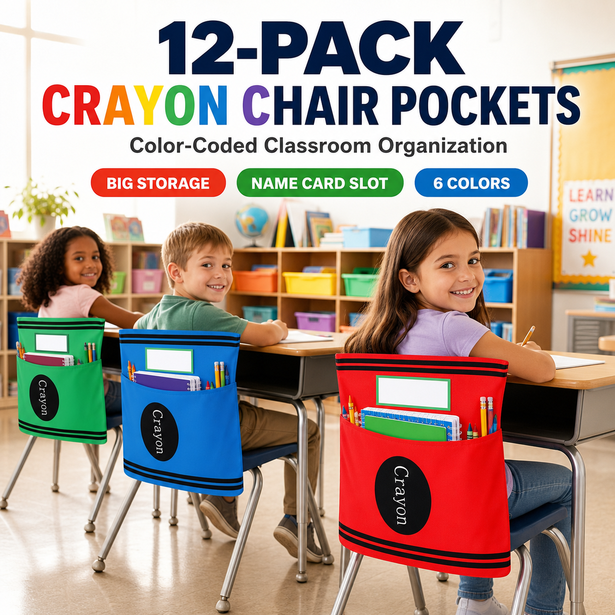 Crayon Chair Back Pockets for Classroom Storage