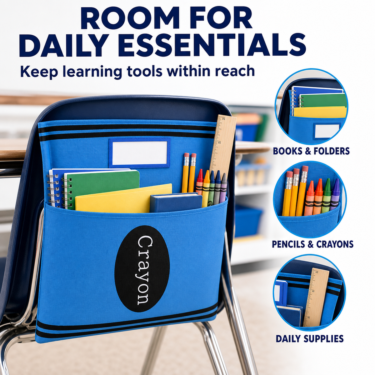 Crayon Chair Back Pockets for Classroom Storage