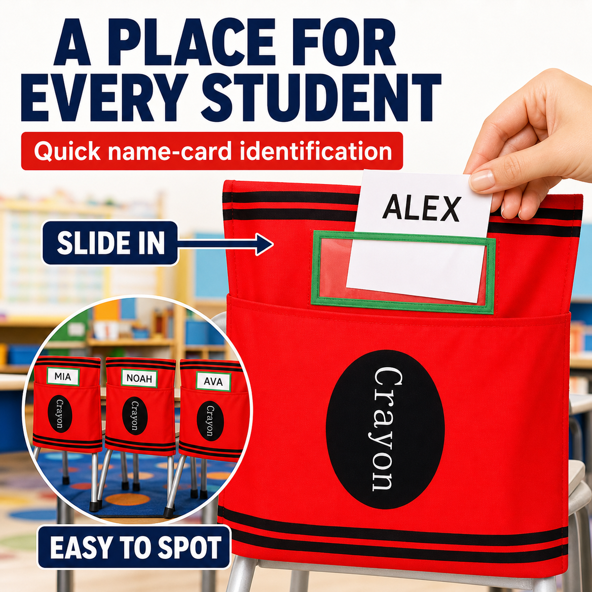 Crayon Chair Back Pockets for Classroom Storage
