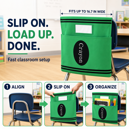 Crayon Chair Back Pockets for Classroom Storage
