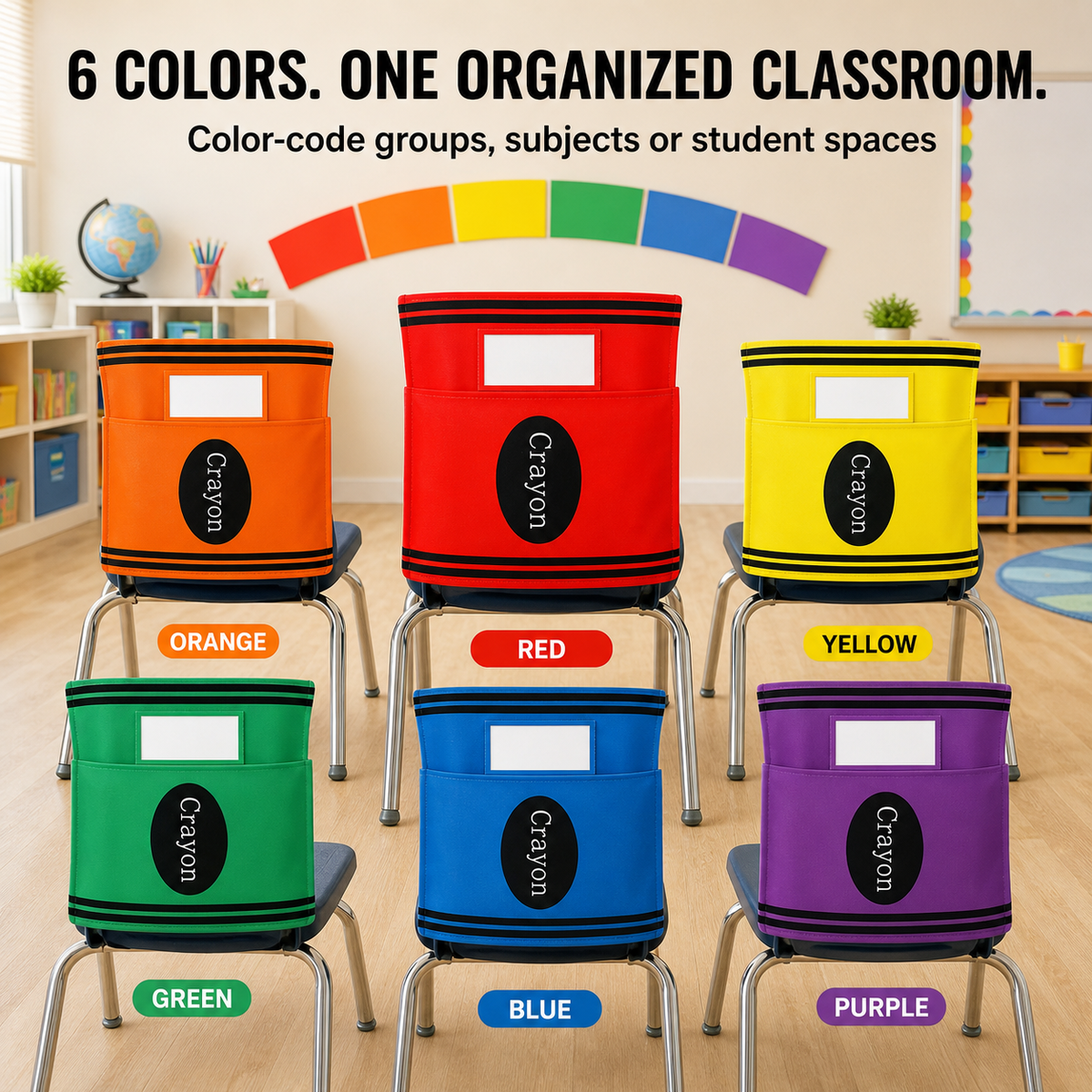 Crayon Chair Back Pockets for Classroom Storage