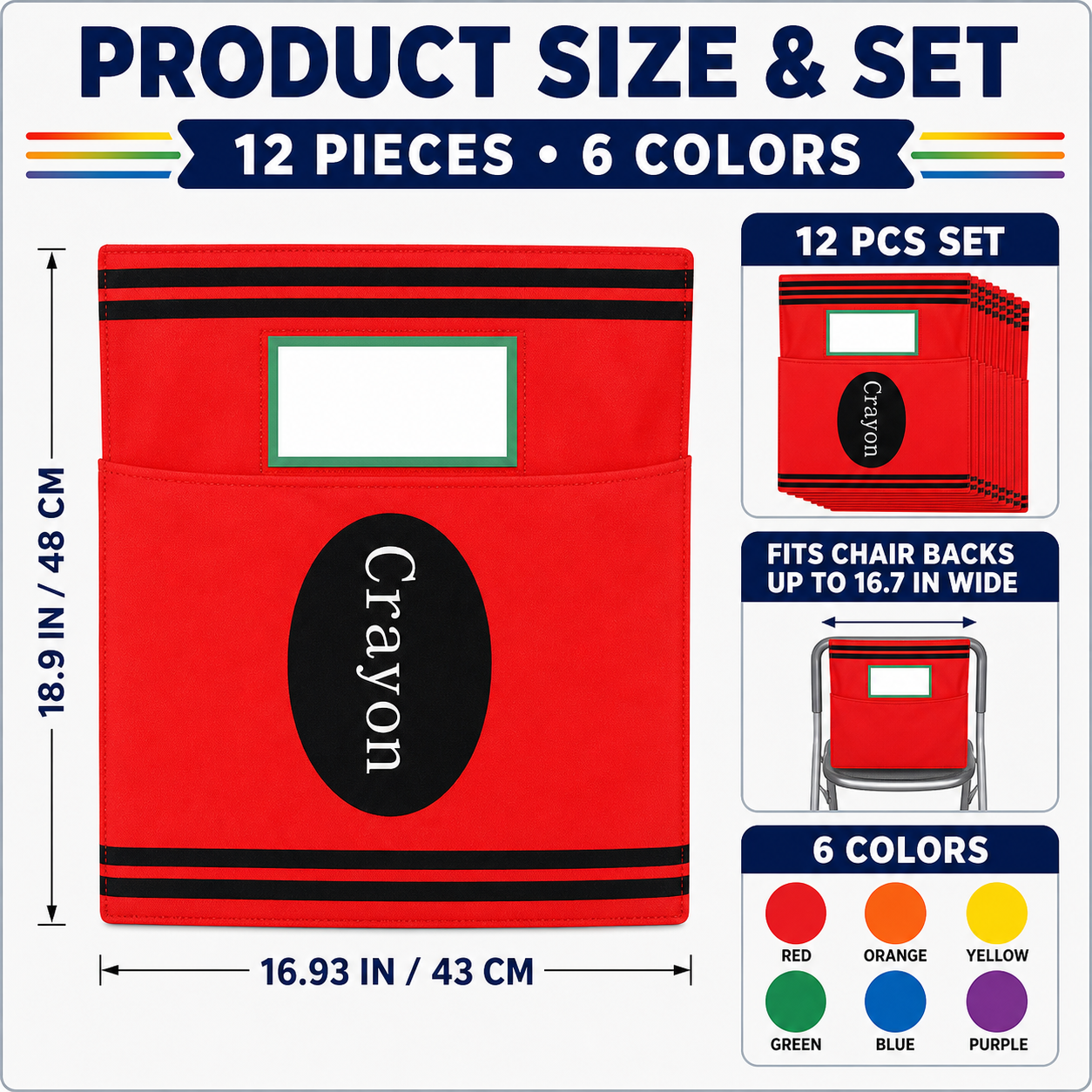 Crayon Chair Back Pockets for Classroom Storage