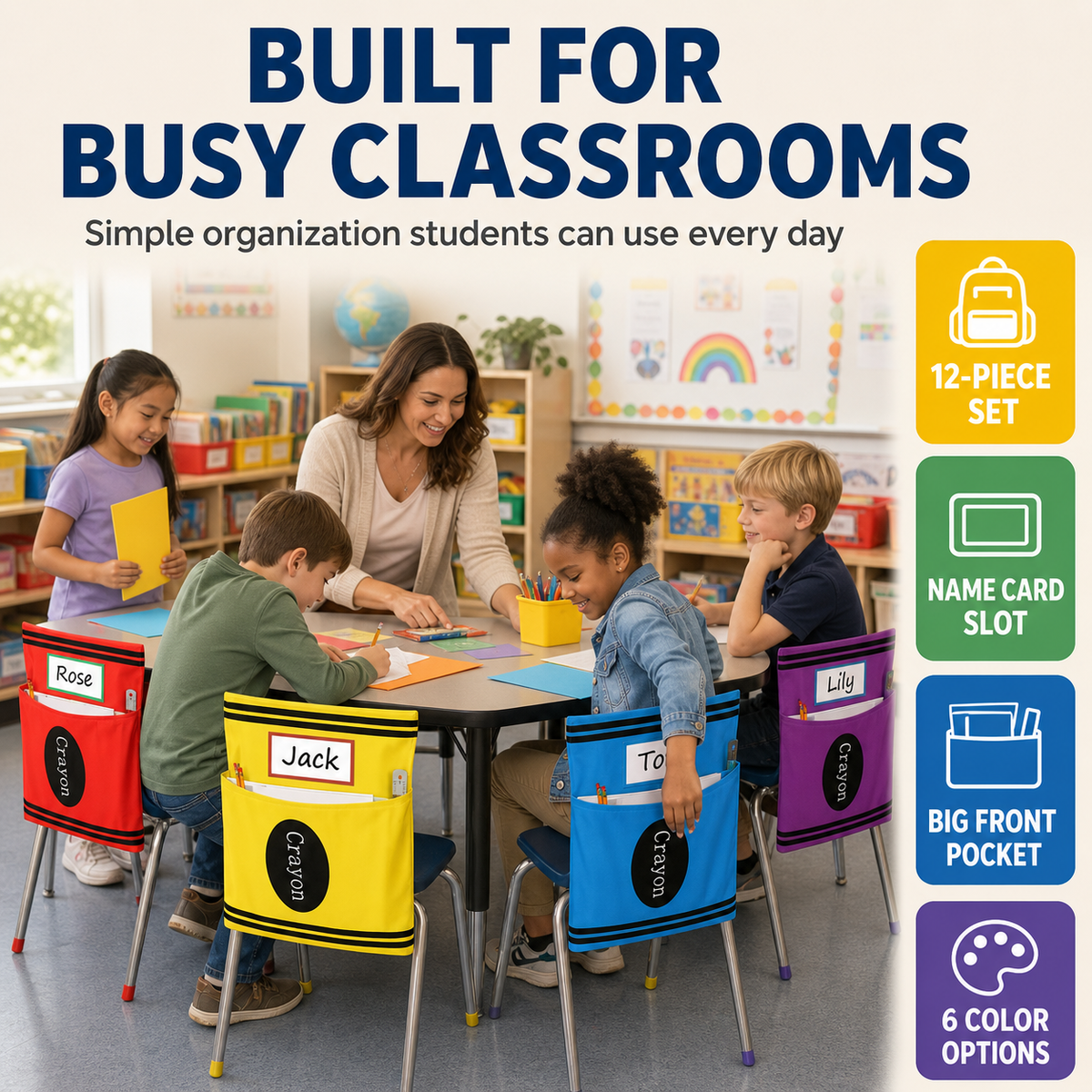 Crayon Chair Back Pockets for Classroom Storage