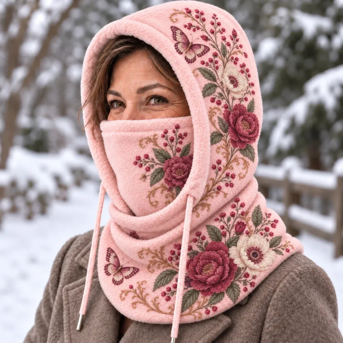 TopSpire®🌸 Women’s Floral 3-in-1 Winter Hood – Fleece-Lined Hat, Face Cover & Neck Warmer