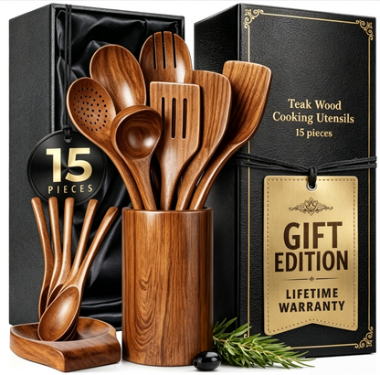 The TeakWood QRAVION™ | Premium Non-Toxic Utensil Set Teak Wood Utensils