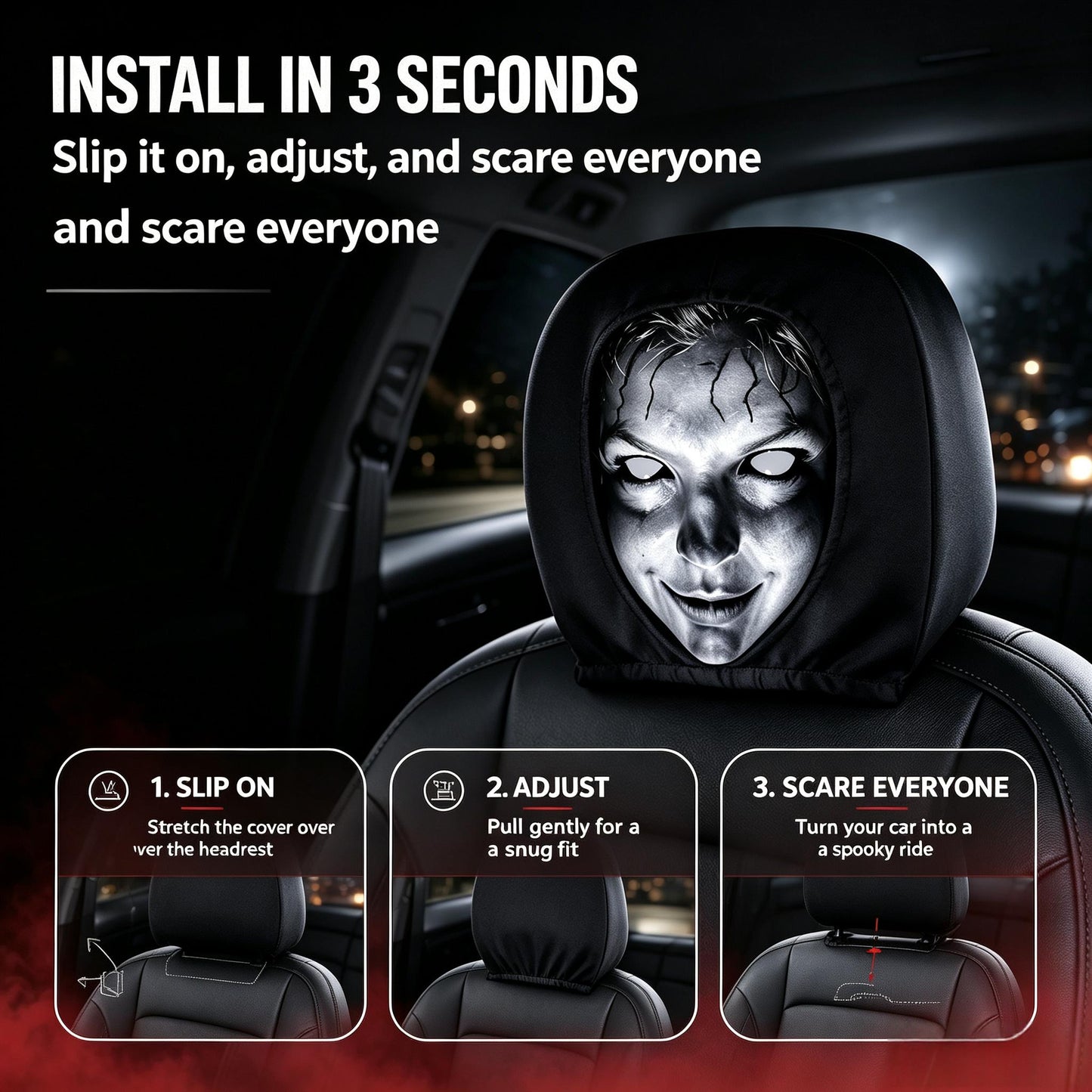 Scary Horror Face Car Headrest Cover - Spooky Halloween Car Accessory