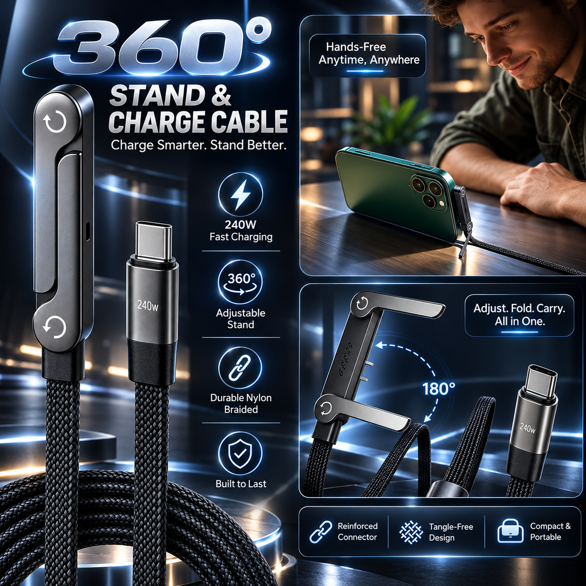 🚨 FLASH SALE — 🔋240W Braided Fast Charge Cable With Built-in Phone Stand