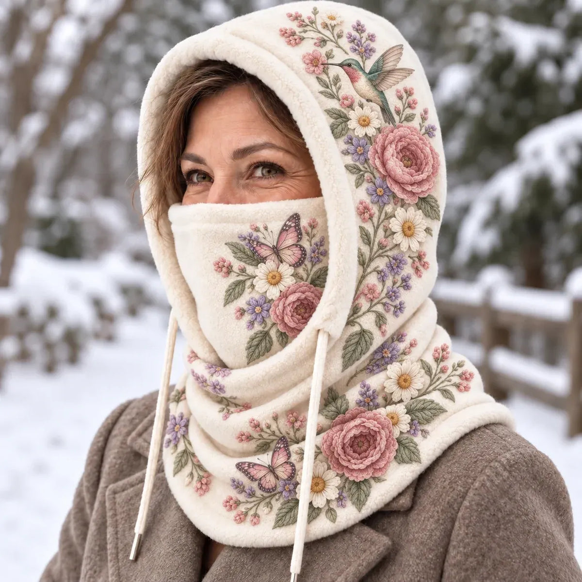 TopSpire®🌸 Women’s Floral 3-in-1 Winter Hood – Fleece-Lined Hat, Face Cover & Neck Warmer