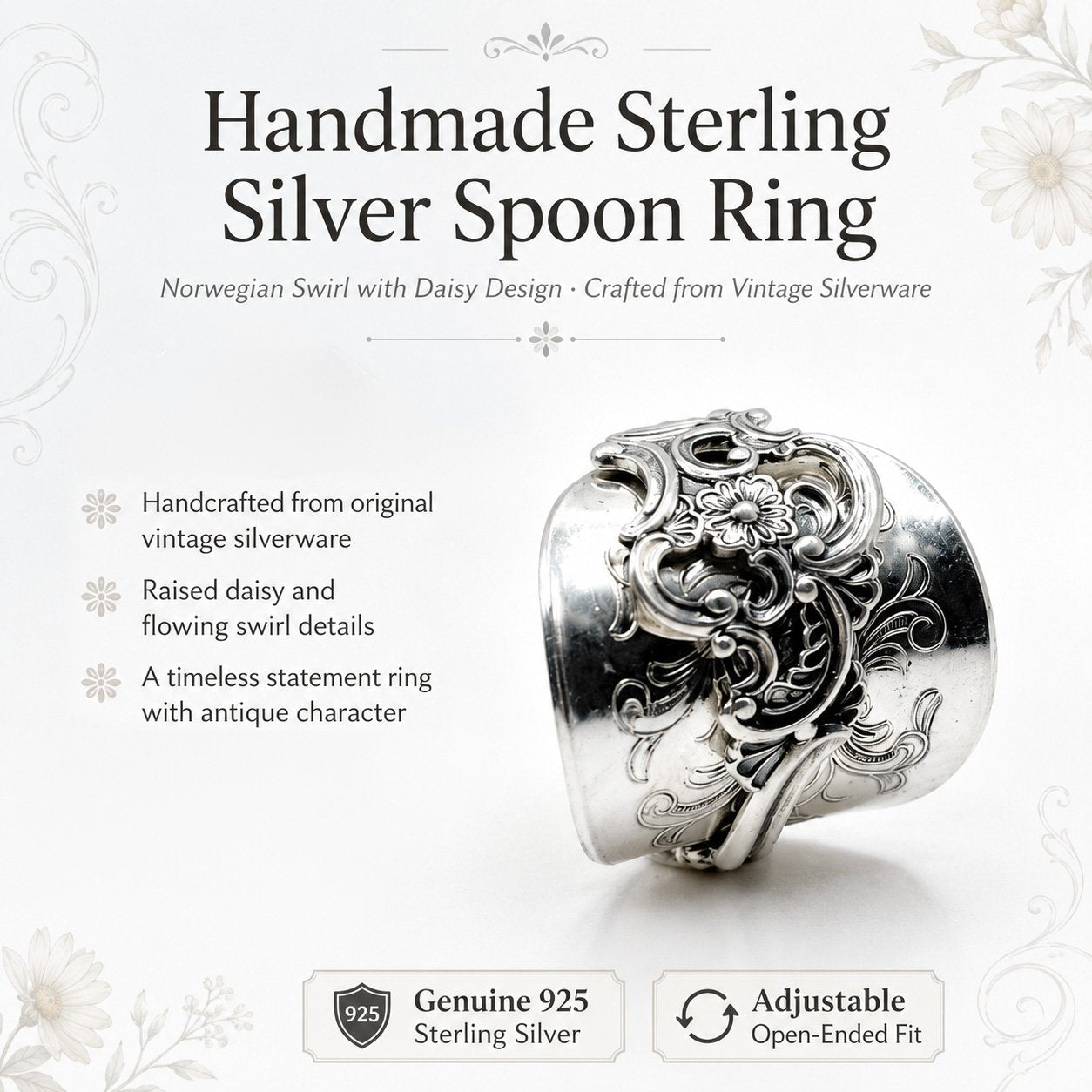 🔥LAST DAY 50% OFF - ✨ Handmade Adjustable Sterling Silver Spoon Ring – Norwegian Swirl with Daisy Design, Crafted from Vintage Silverware