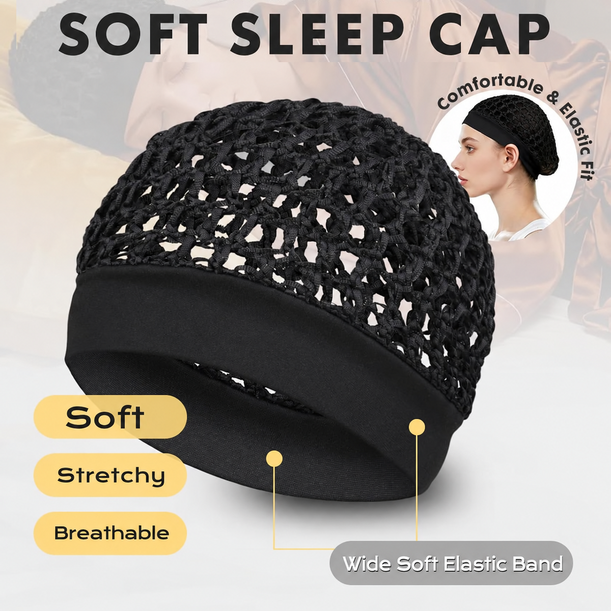 💥Limited Stock 49% OFF💥   3-Piece Stretchy Wide-Edge Sleep Bonnet Set – Soft Hair Protection Caps for Nighttime Hair Care