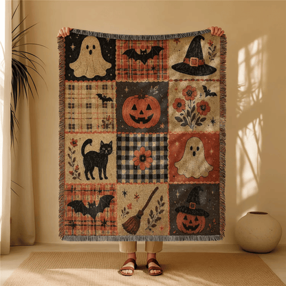 🎃✨Halloween Patchwork Woven Throw Blanket with Tassels