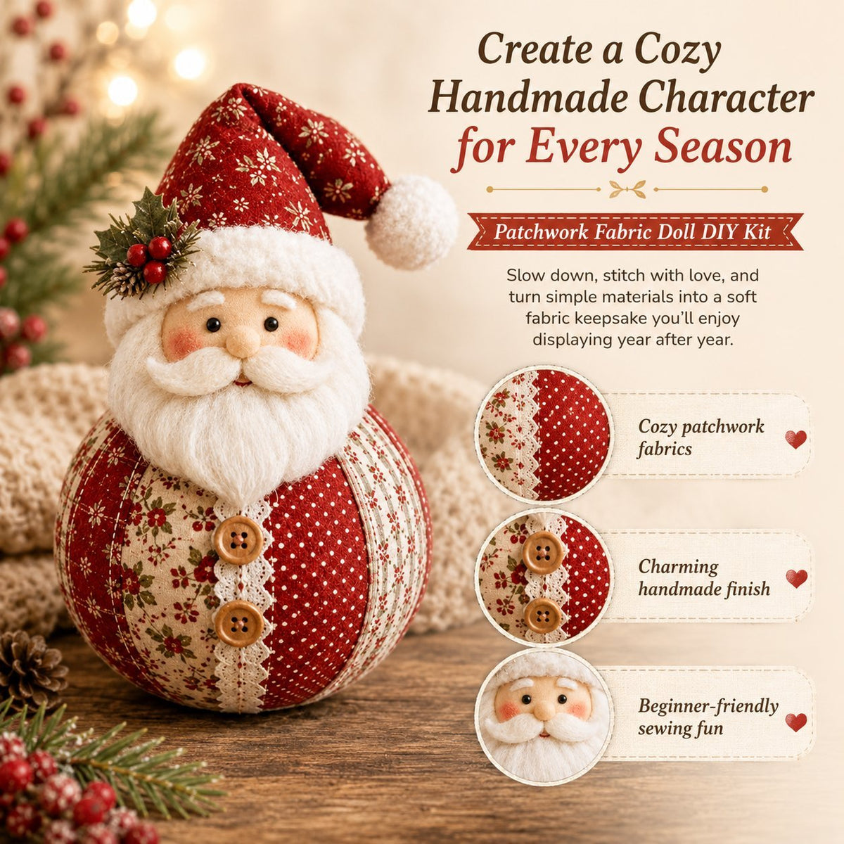 🎄 Save 50% | Christmas Patchwork Doll Sewing Kit – A Cosy Craft for Quiet Moments