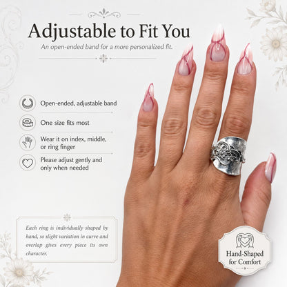 🔥LAST DAY 50% OFF - ✨ Handmade Adjustable Sterling Silver Spoon Ring – Norwegian Swirl with Daisy Design, Crafted from Vintage Silverware