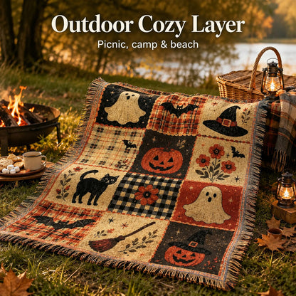 🎃✨Halloween Patchwork Woven Throw Blanket with Tassels