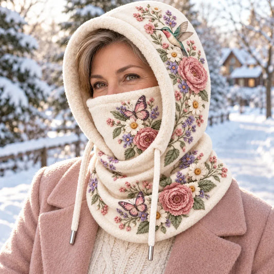 TopSpire®🌸 Women’s Floral 3-in-1 Winter Hood – Fleece-Lined Hat, Face Cover & Neck Warmer