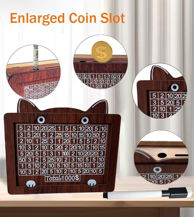 Shaped Wooden Money Saving Challenge Box, $1000 Cash Savings Box for Children or Adults，Coin Bank for Boys and Girls（with Erasable Pen）