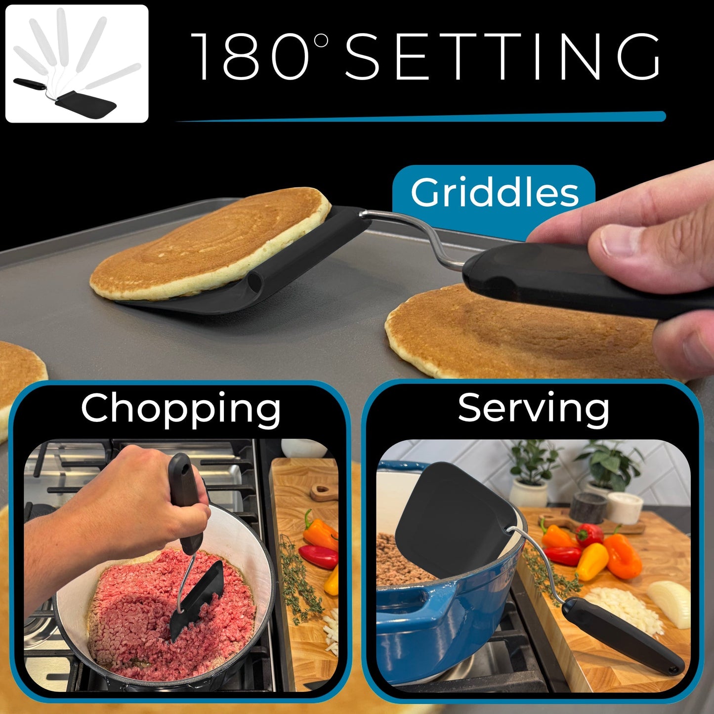 Adjustable Spatula—The spatula that adjusts to your pan — instead of making your wrist adjust to it.