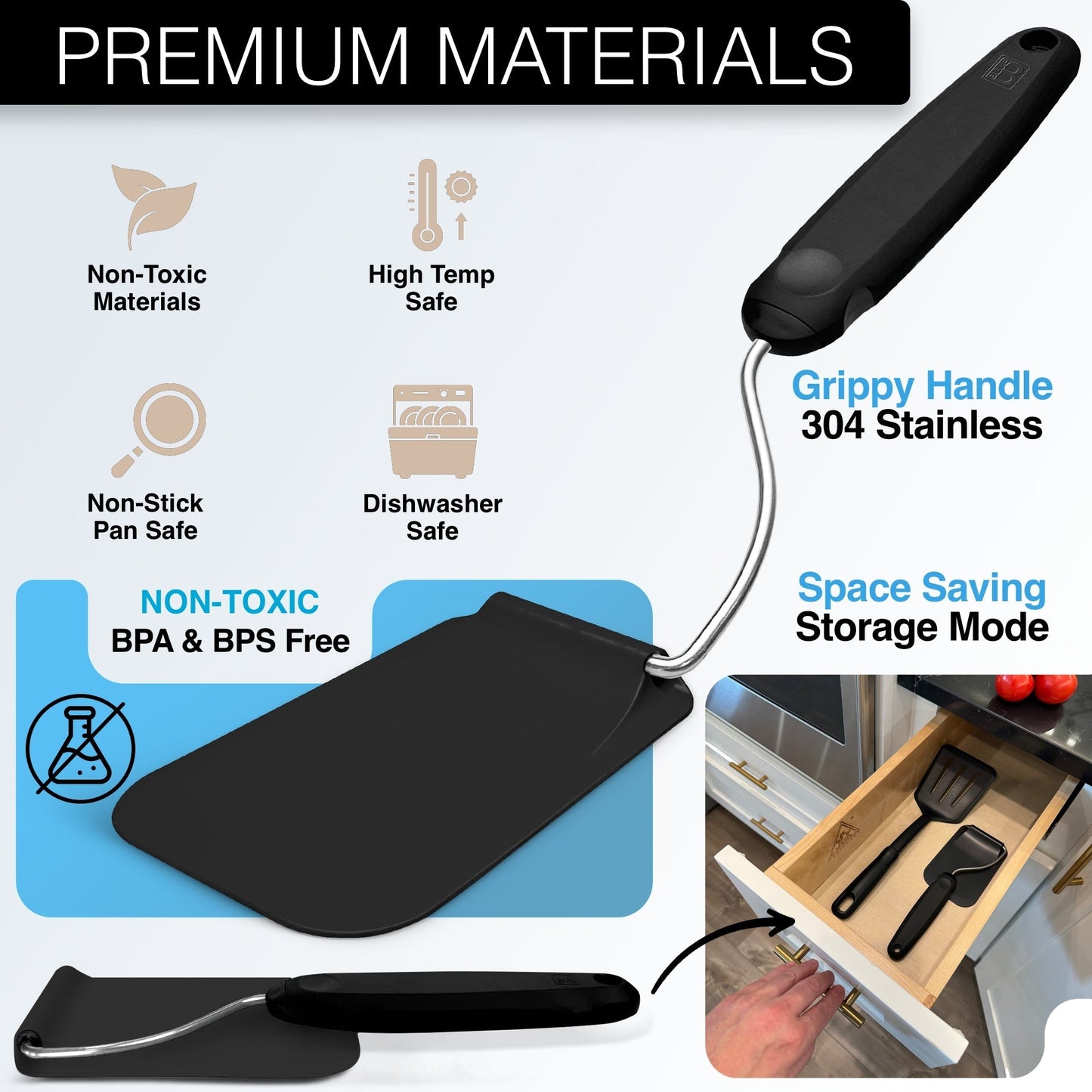 Adjustable Spatula—The spatula that adjusts to your pan — instead of making your wrist adjust to it.