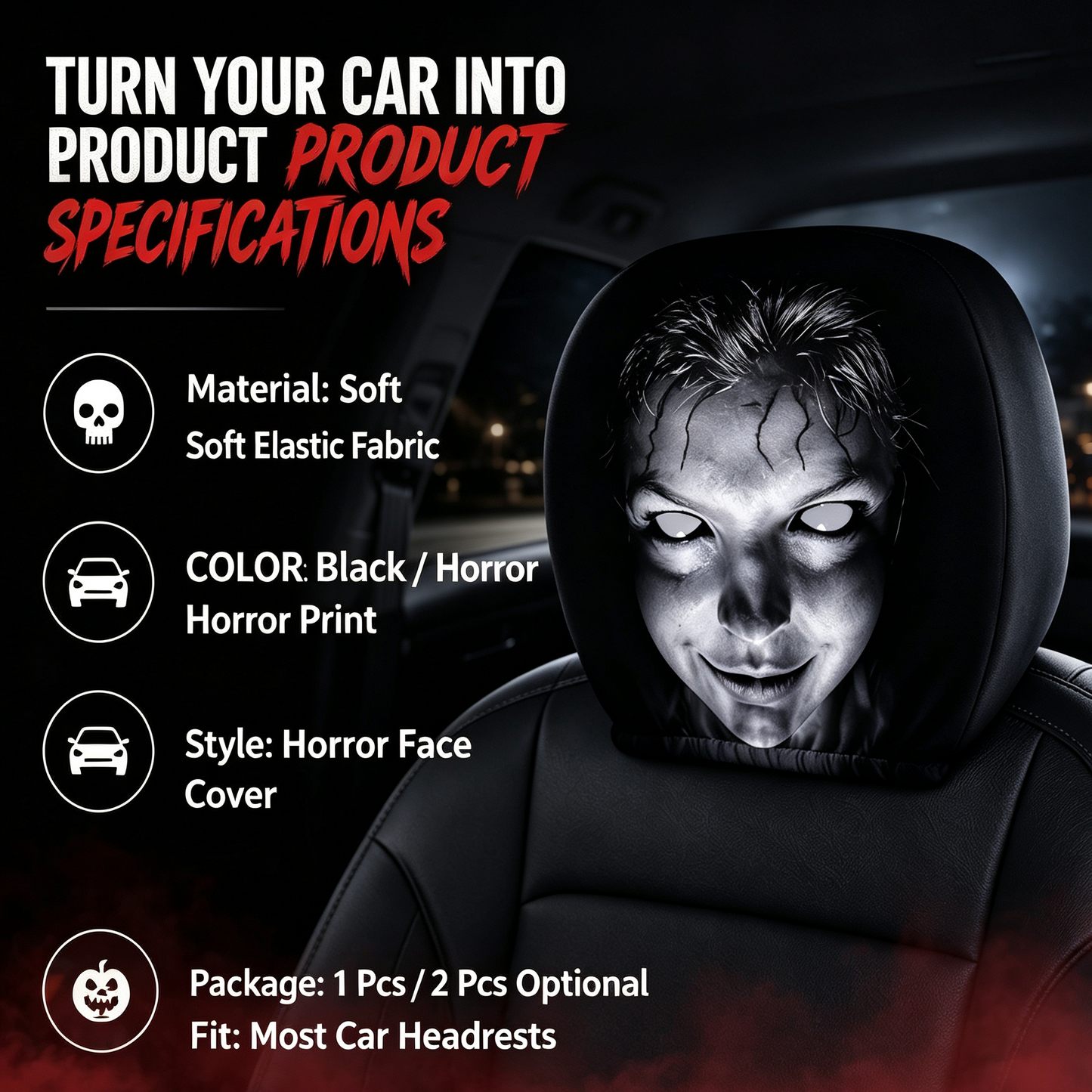 Scary Horror Face Car Headrest Cover - Spooky Halloween Car Accessory