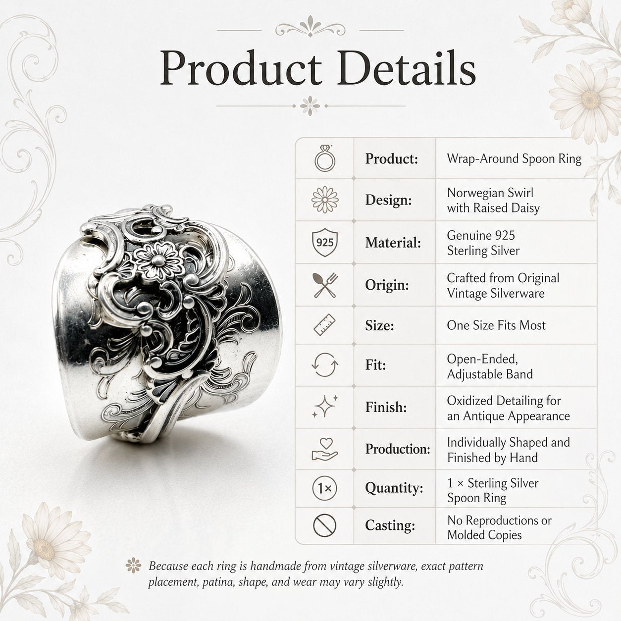 🔥LAST DAY 50% OFF - ✨ Handmade Adjustable Sterling Silver Spoon Ring – Norwegian Swirl with Daisy Design, Crafted from Vintage Silverware