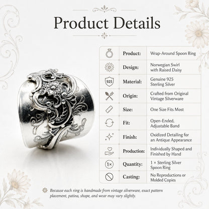 🔥LAST DAY 50% OFF - ✨ Handmade Adjustable Sterling Silver Spoon Ring – Norwegian Swirl with Daisy Design, Crafted from Vintage Silverware