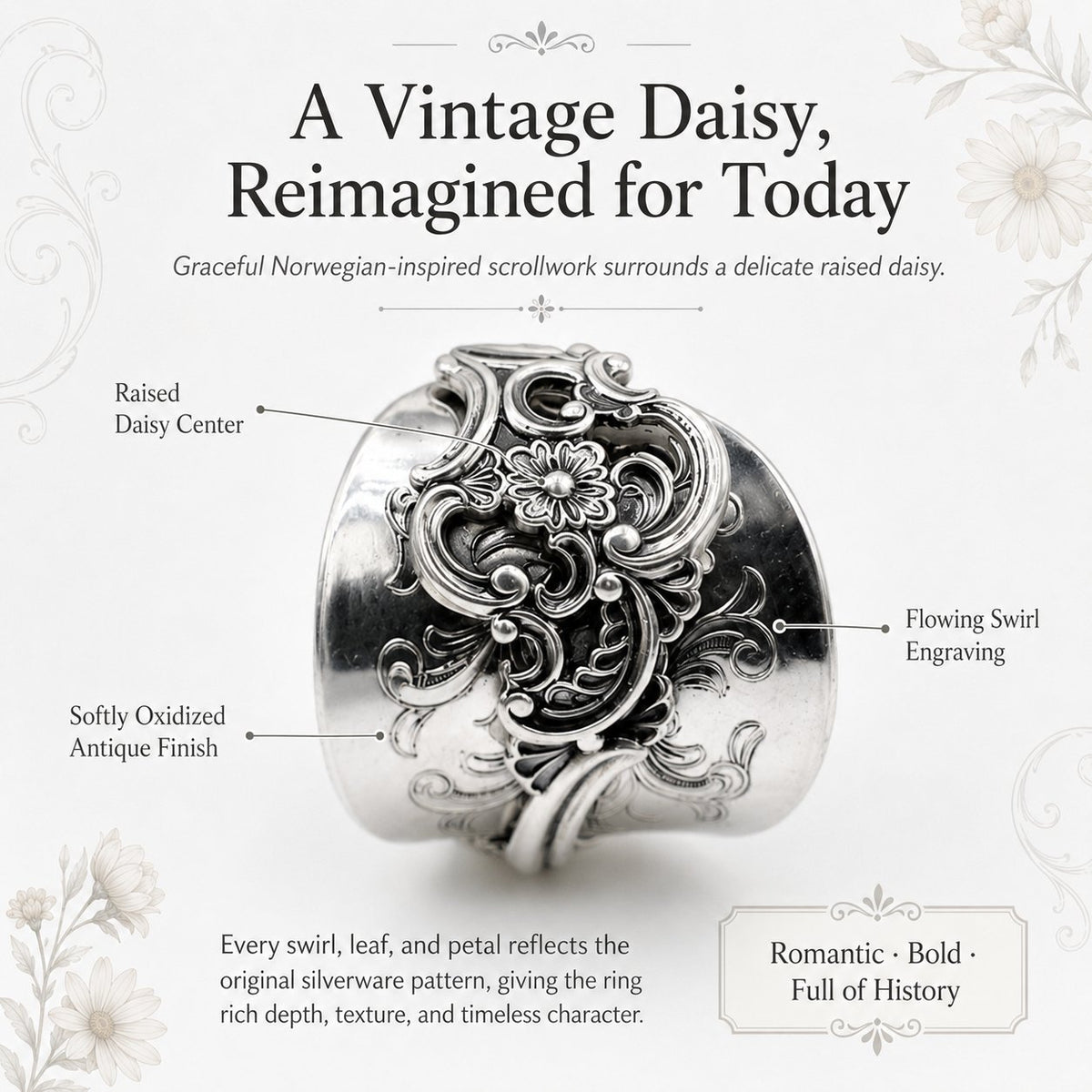 🔥LAST DAY 50% OFF - ✨ Handmade Adjustable Sterling Silver Spoon Ring – Norwegian Swirl with Daisy Design, Crafted from Vintage Silverware