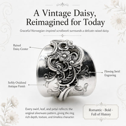🔥LAST DAY 50% OFF - ✨ Handmade Adjustable Sterling Silver Spoon Ring – Norwegian Swirl with Daisy Design, Crafted from Vintage Silverware