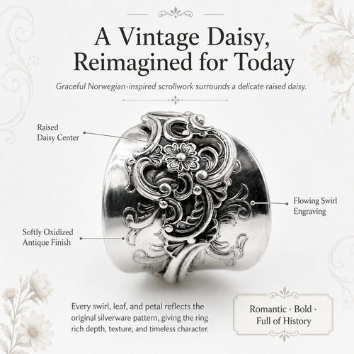 🔥LAST DAY 50% OFF - ✨ Handmade Adjustable Sterling Silver Spoon Ring – Norwegian Swirl with Daisy Design, Crafted from Vintage Silverware
