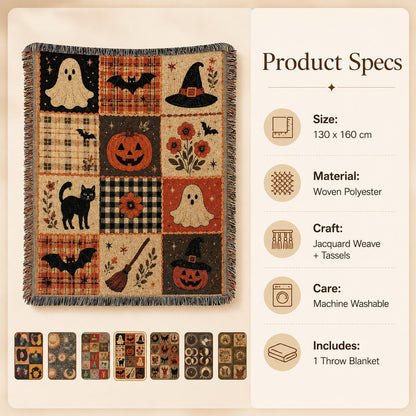 🎃✨Halloween Patchwork Woven Throw Blanket with Tassels