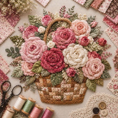 🔥HOT SALE🔥🌸🧵 Premium Floral Basket Patchwork DIY Kit | High-Quality Layered Fabric Bouquet with Raised Petals & Woven Basket Details ✨