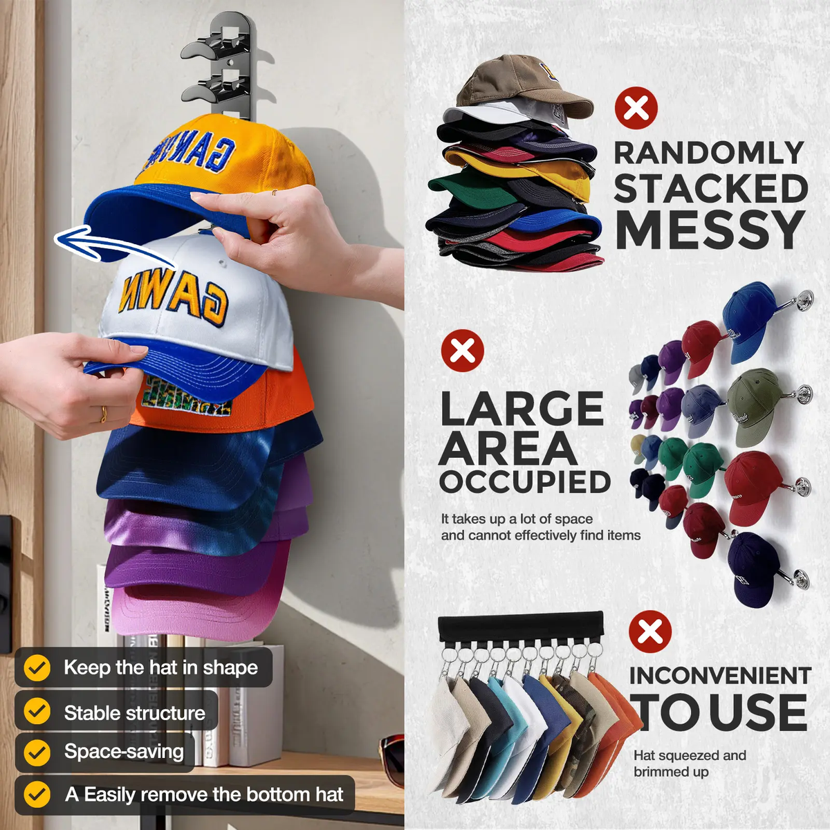 🧢Wall-mounted hat rack – each rack can hold 10 hats