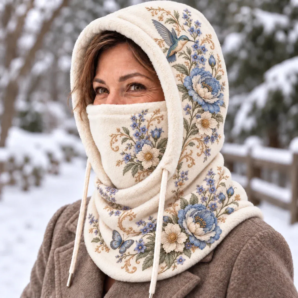 TopSpire®🌸 Women’s Floral 3-in-1 Winter Hood – Fleece-Lined Hat, Face Cover & Neck Warmer